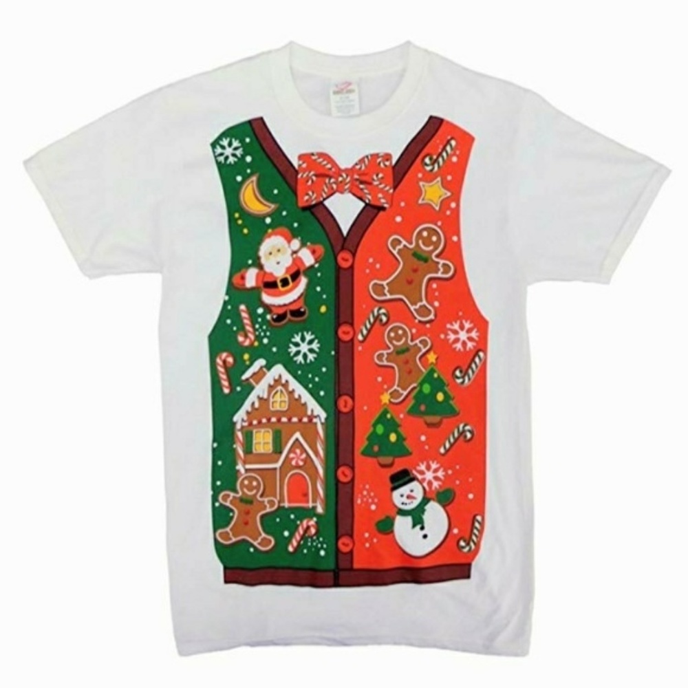 Ugly Christmas Sweater Vest Graphic Tee T Shirt Bow Tie Short Sleeve White Shirt